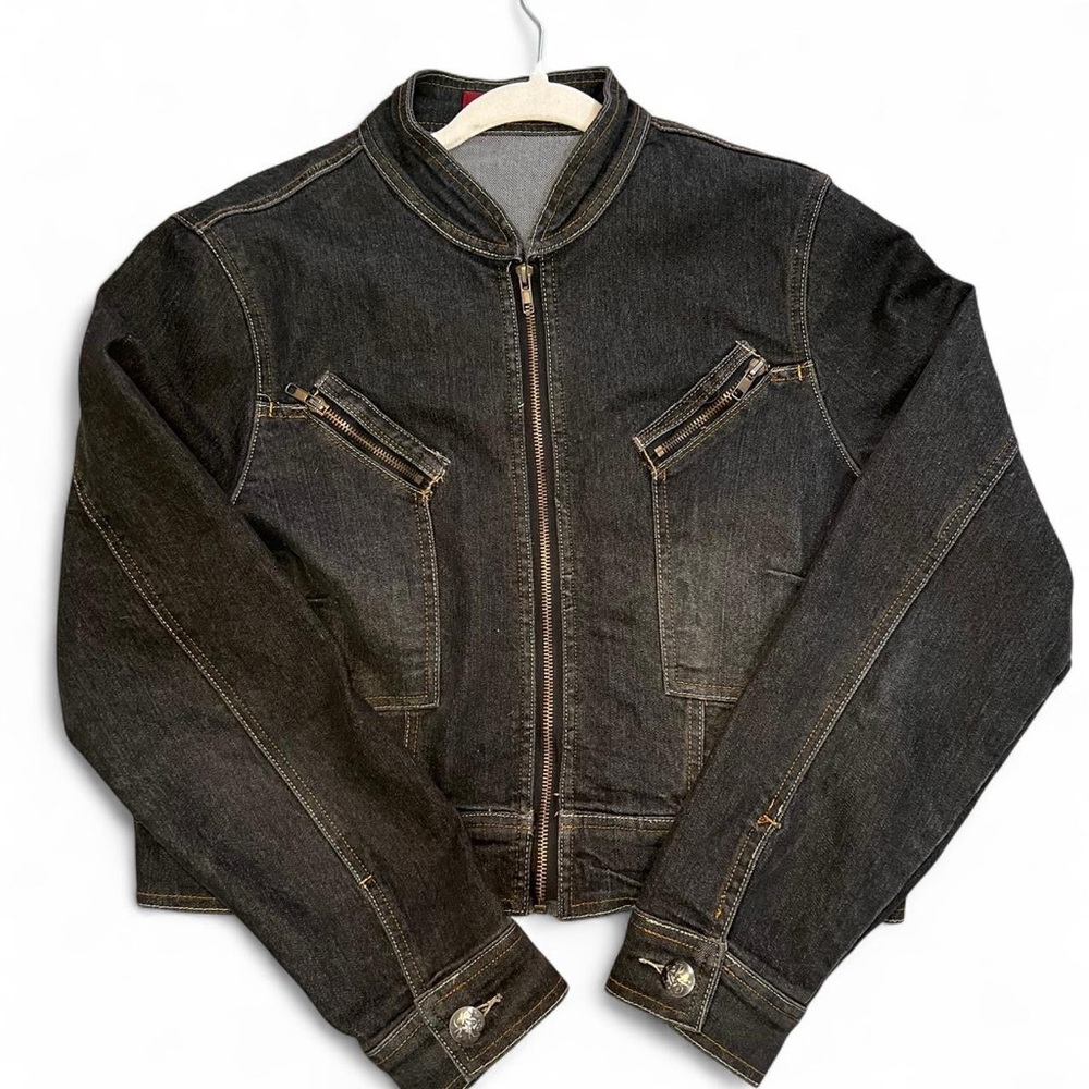 Black Denim Varsity Style Cropped Jacket